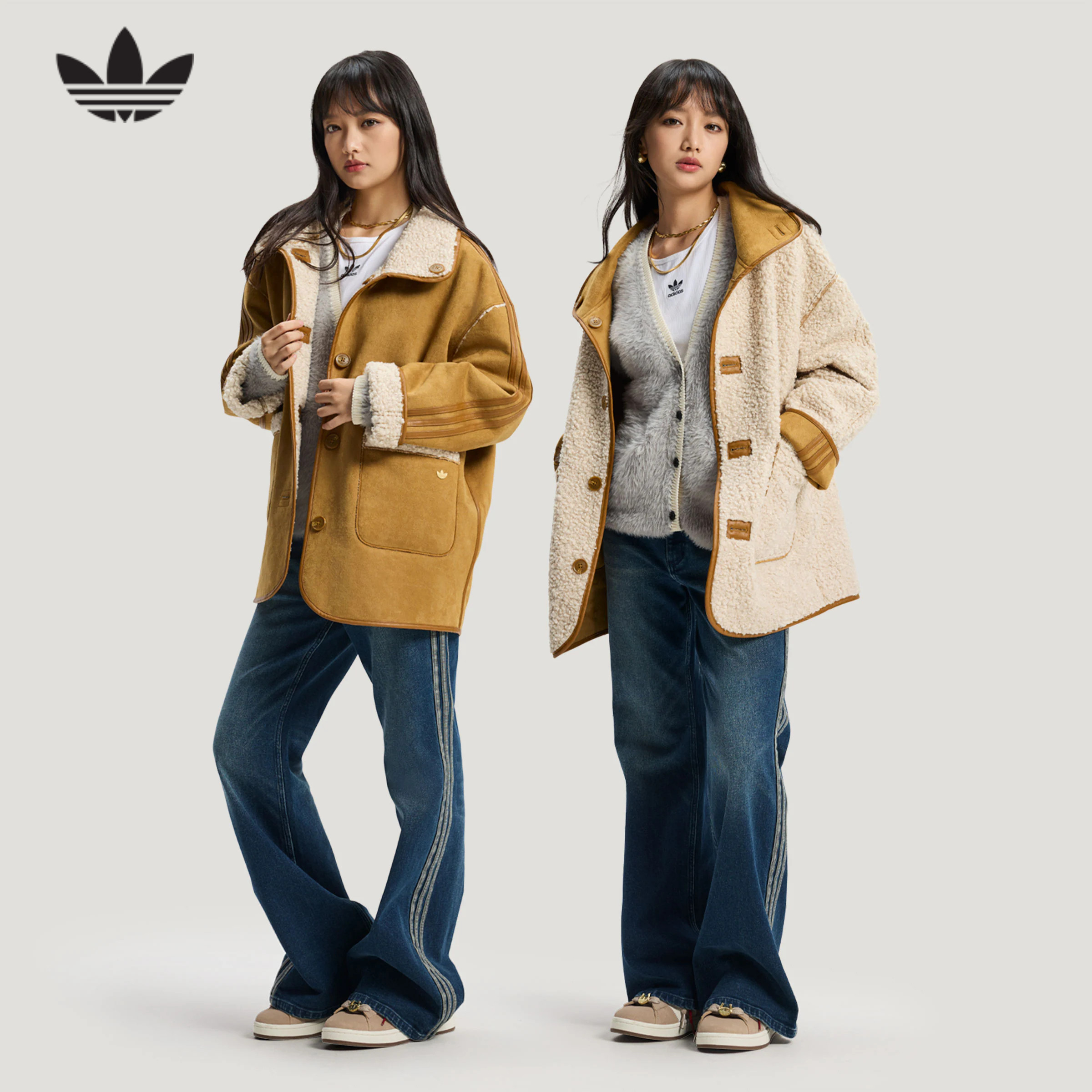 阿迪达斯三叶草新年款马年双面穿仿羊羔绒大衣外套春女夹克KT3145