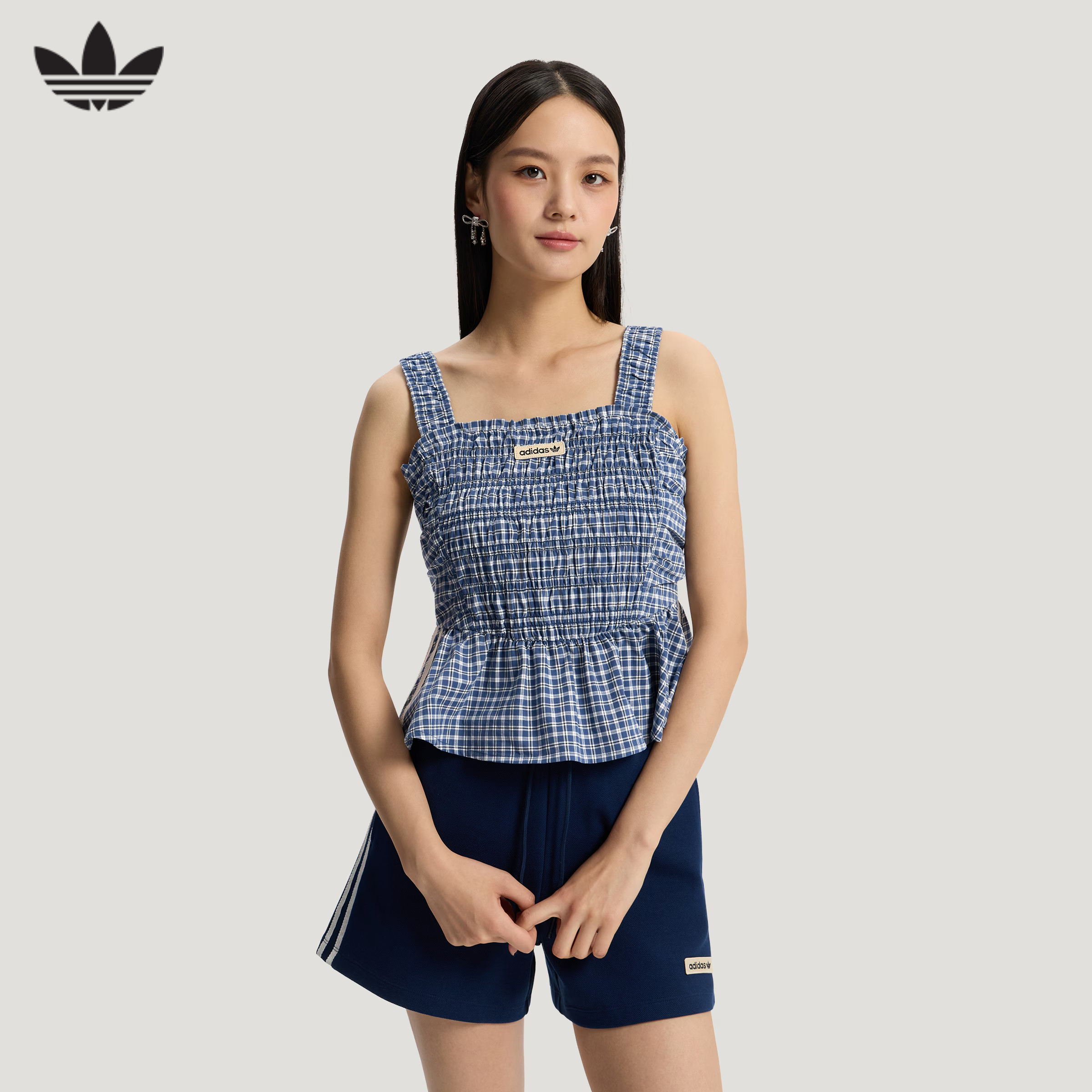 adidas阿迪达斯三叶草格纹荷叶边修身背心夏女格子呢吊带衫KX