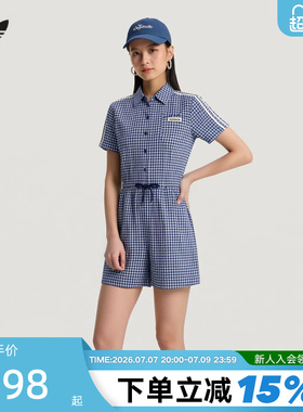 adidas阿迪达斯三叶草格子呢长裙2026夏女拉绳收腰连衣裙 KU9400