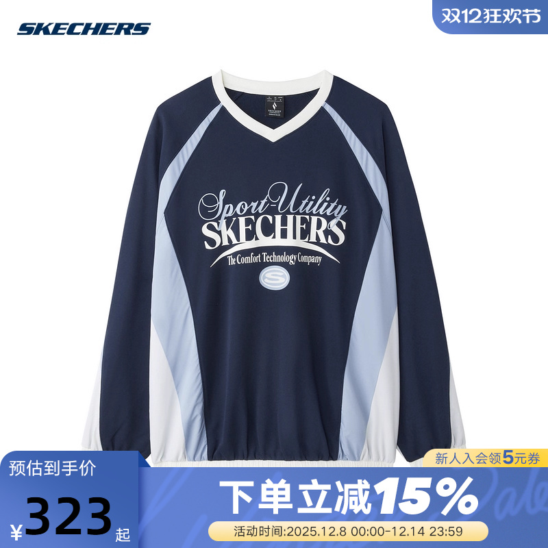 Skechers斯凯奇春男女拼接撞色圆领卫衣针织套头衫 L125U048