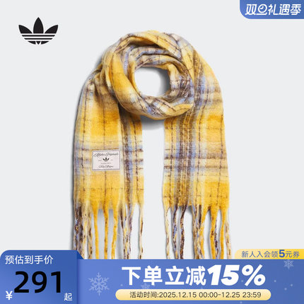 adidas阿迪达斯三叶草绒面流苏围脖保暖冬女时尚格纹围巾 KV6601