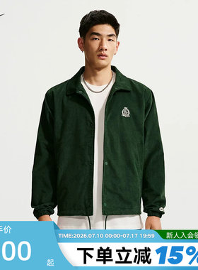 NIKE耐克灯芯绒外套男秋新款刺绣复古绿色翻领教练夹克IQ7655-323