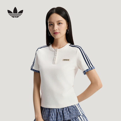 adidas阿迪达斯三叶草格子呢短袖polo衫夏女修身半袖T恤 KU9392