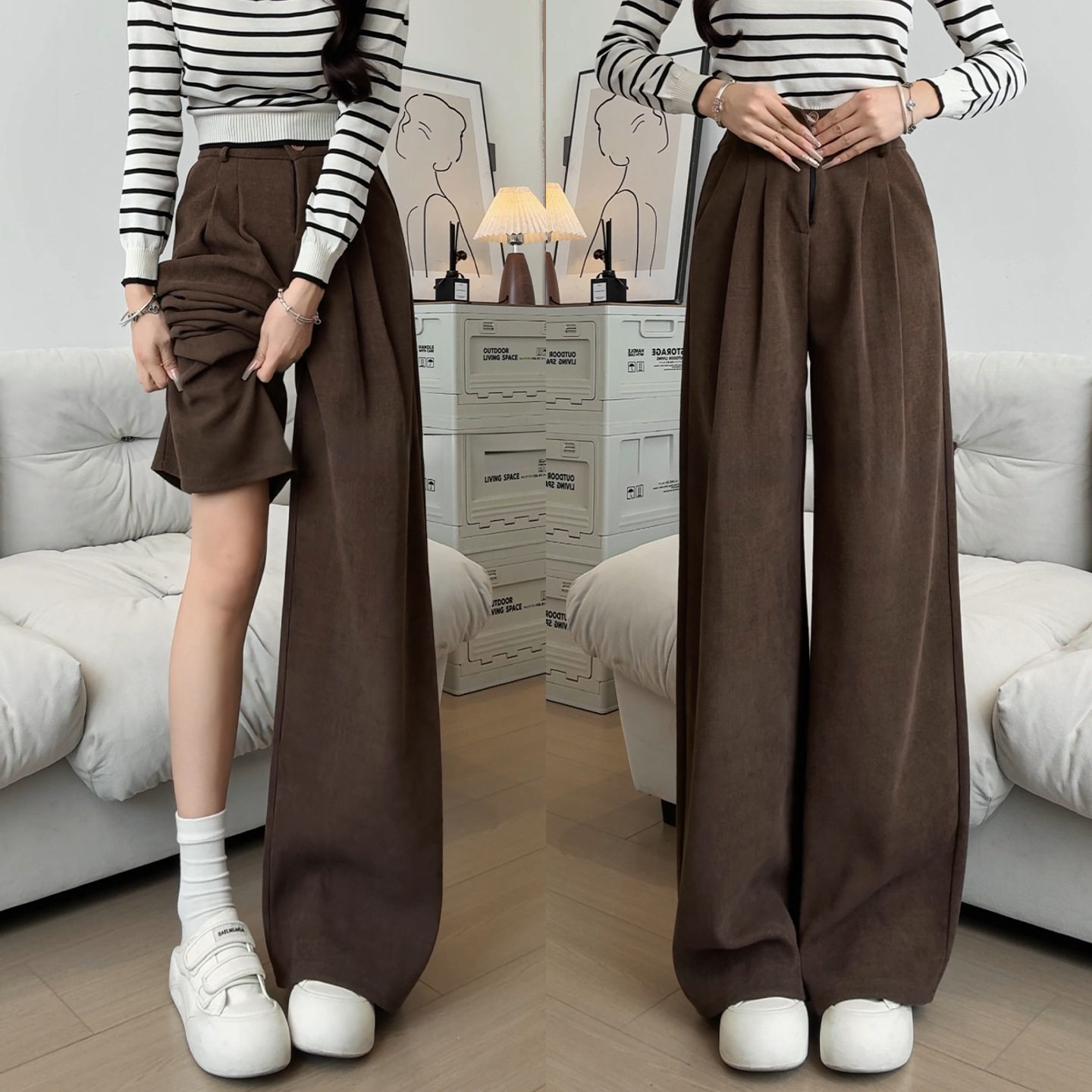 咖色灯芯绒阔腿裤子女秋冬2025新款加绒小个子窄版直筒垂感