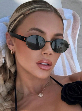 美式黑色金属小框圆脸墨镜女高级感椭圆形防晒度假凹造型太阳眼镜