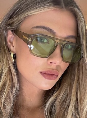 欧美复古粗框绿色飞行员式墨镜女方圆脸显瘦街拍凹造型太阳镜男潮