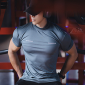 美式 跑步弹力速干训练健身衣服 收袖 潮牌双领口运动短袖 男T恤夏季