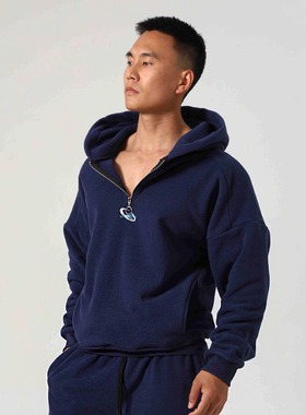 300g双面摇粒绒运动卫衣男士连帽开衫长袖保暖休闲宽松健身套头衫