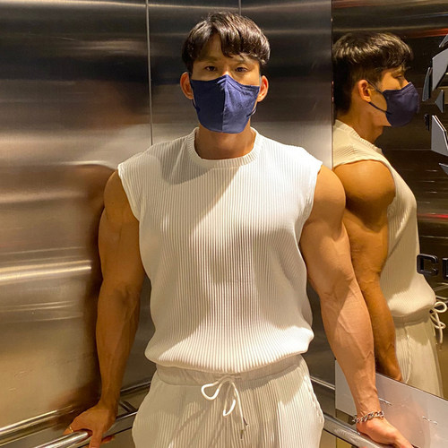 无袖透气男宽松速干条纹健身背心