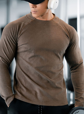 秋冬双面绒感运动厚长袖男士插肩袖弹力保暖打底衫训练健身显肌肉