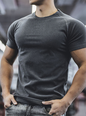 运动休闲双面磨绒插肩短袖男春秋冬半高领厚T恤纯色弹力健身衣服