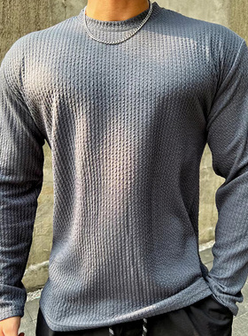 肌理纹运动长袖男T恤圆领休闲纯色训练服打底衫宽松速干健身上衣