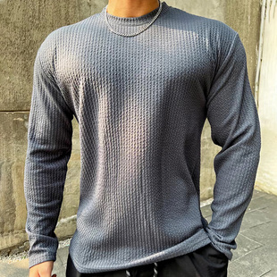 肌理纹运动长袖男T恤圆领休闲纯色训练服打底衫宽松速干健身上衣