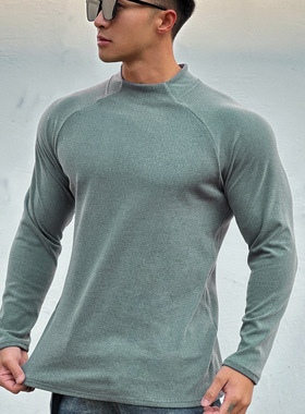 秋冬半高领双面绒感运动长袖男士弹力套头保暖打底衫健身训练T恤