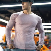 圆领T恤透气休闲打底衫 男士 健身上衣 秋季 老钱风肌理条纹运动长袖