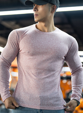 老钱风肌理条纹运动长袖秋季男士圆领T恤透气休闲打底衫健身上衣