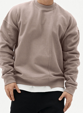 新款潮牌宽松运动长袖卫衣拼接圆领大码落肩套头衫棉训练健身上衣