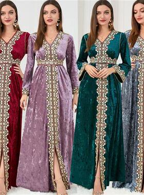 Elegant V-neck party dress时尚V领气质长袖花边拼接聚会连衣裙