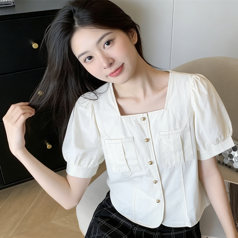 AI图 夏季法式方领洋气衬衣女短袖露锁骨修身短款衬衫上衣纯棉