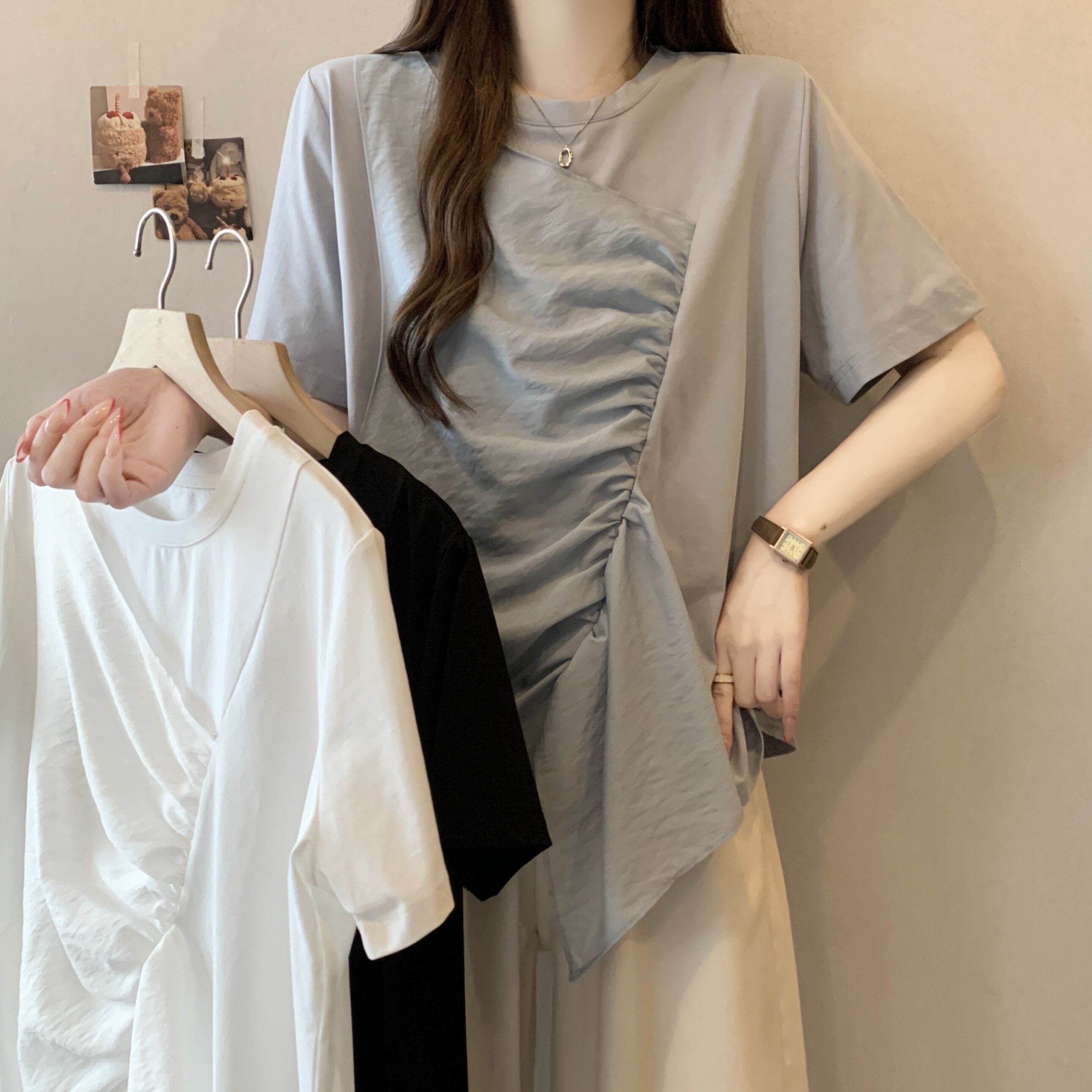 实拍大码女装2026夏新款设计感小众纯色圆领拼接雪纺假两件短袖T