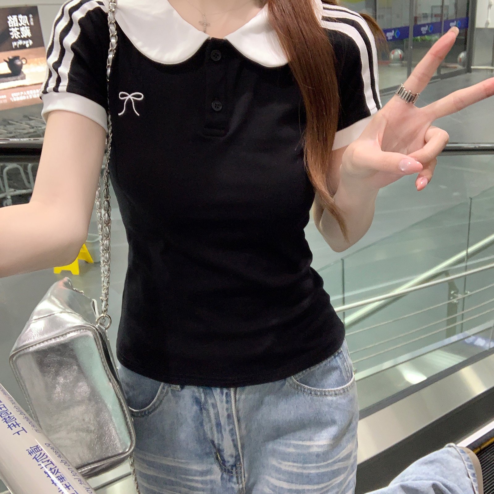 实拍螺纹210克短袖t恤女装夏新款修身刺绣撞色娃娃领上衣