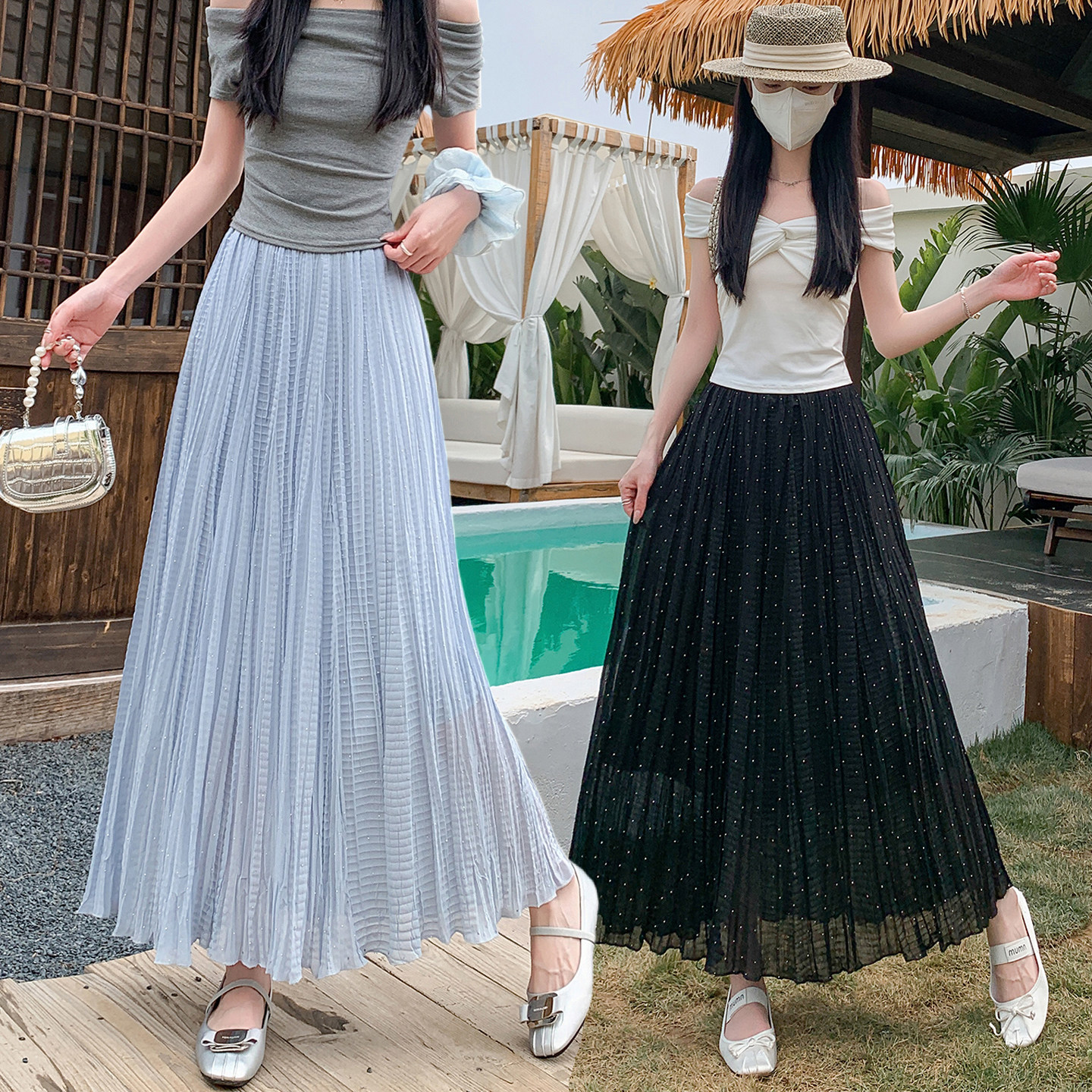 白色压褶雪纺烫钻半身裙女夏季新款高腰宽松休闲大摆裙A字中长裙