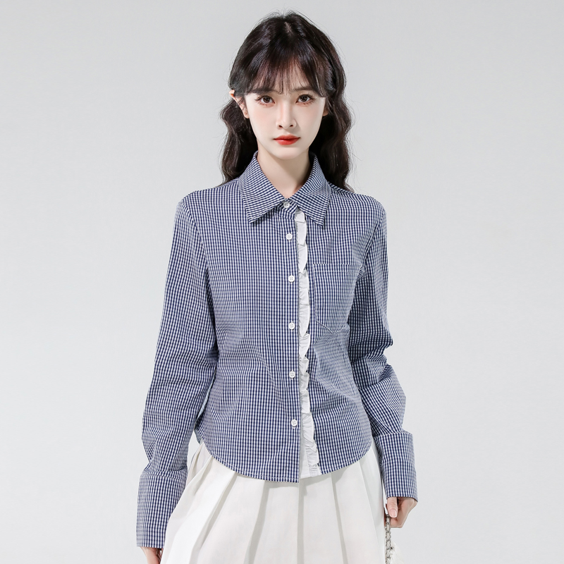 实拍！花边蓝色格子高级感衬衫2025法式复古长袖小众撞色拼接上衣