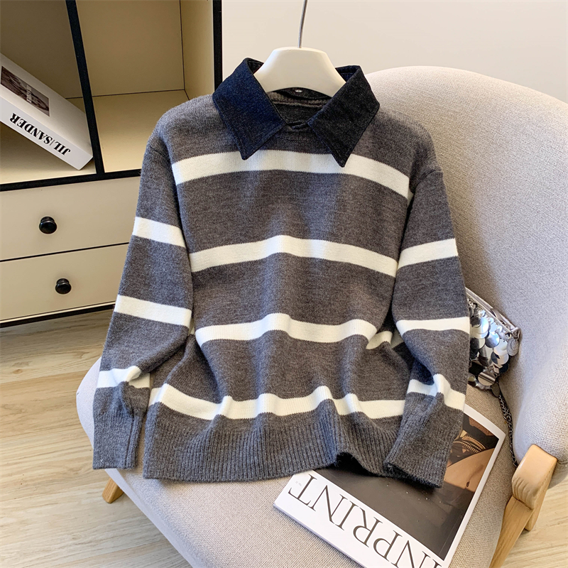 实拍◆有货 可拆卸牛仔拼接polo领打底毛衣女内搭针织衫套头