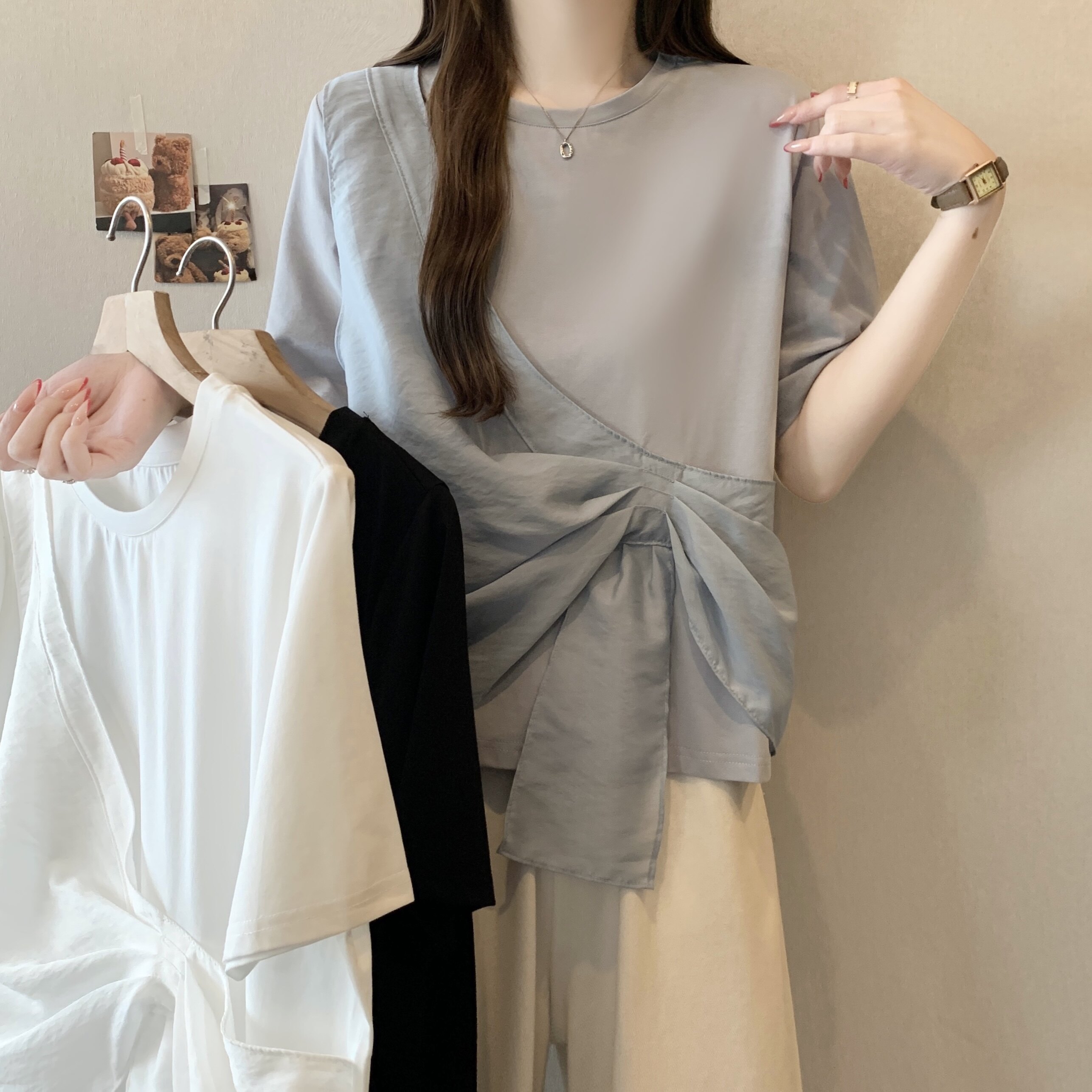 实拍大码女装2026夏新款设计感小众纯色圆领拼接雪纺假两件短袖T