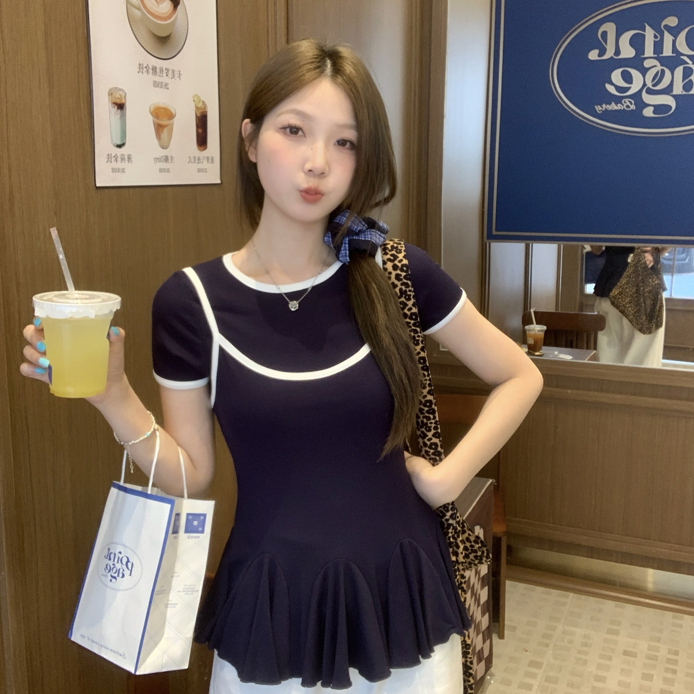 实拍 大码胖MM夏季新款韩版撞色吊带+圆领短袖T恤上衣两件套