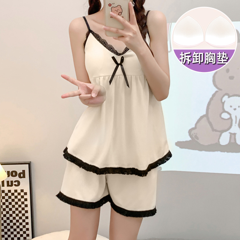 2024新款吊带绉布睡衣女夏季带胸垫一体背心短裤夏天家居服两件套