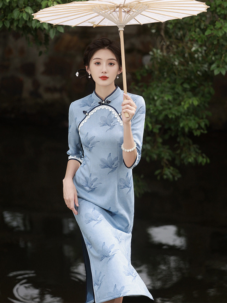 蓝色2023秋冬新款麂皮绒旗袍连衣裙七分袖长款改良雪花绒修身旗袍