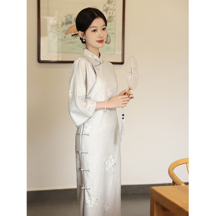 古法全开襟长款改良旗袍新款2023年轻款女复古中长袖日常连衣裙春