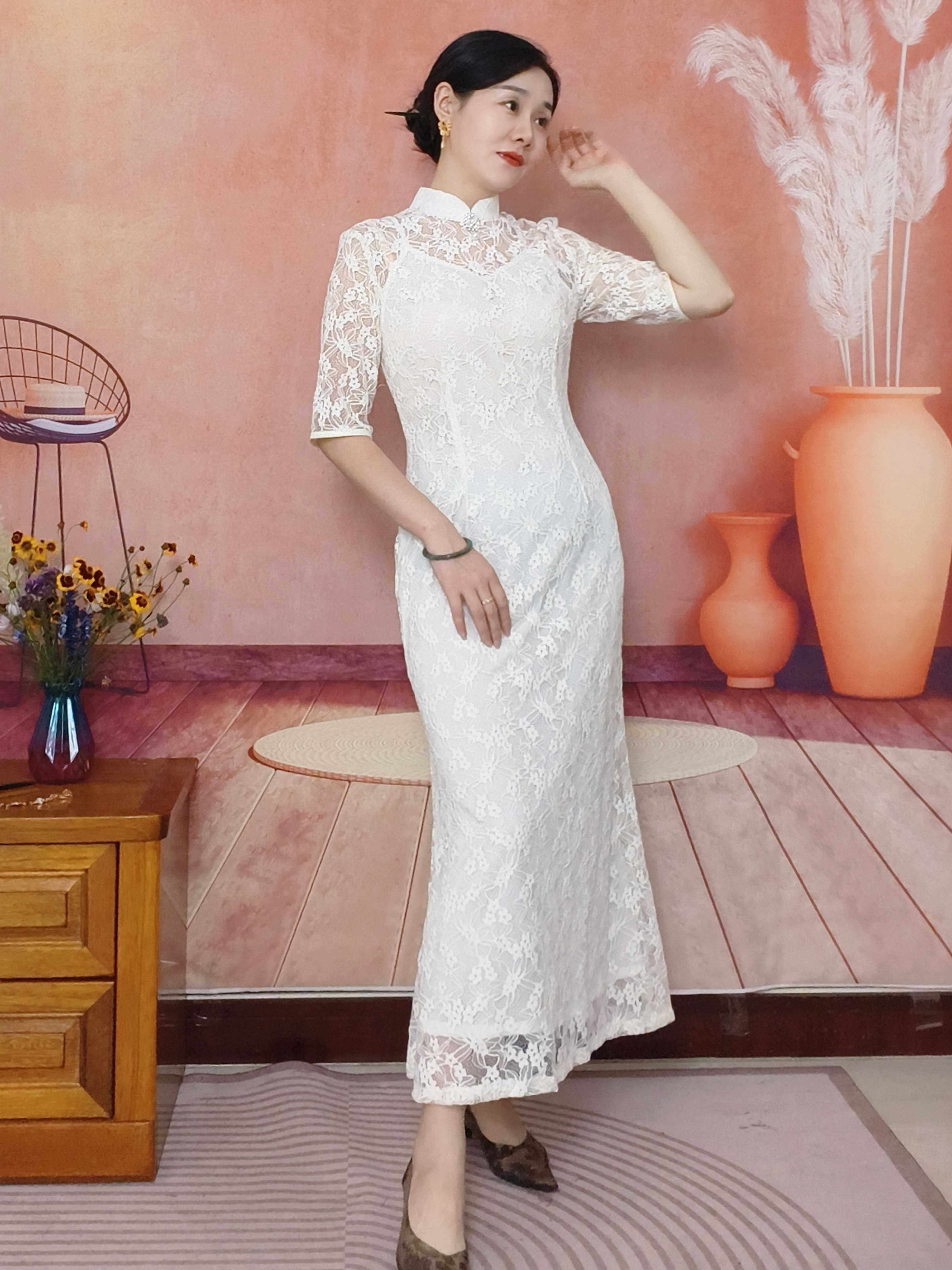 老上海复古年轻改良白色蕾丝鱼尾摆五分袖夏季显瘦修身旗袍敬酒服