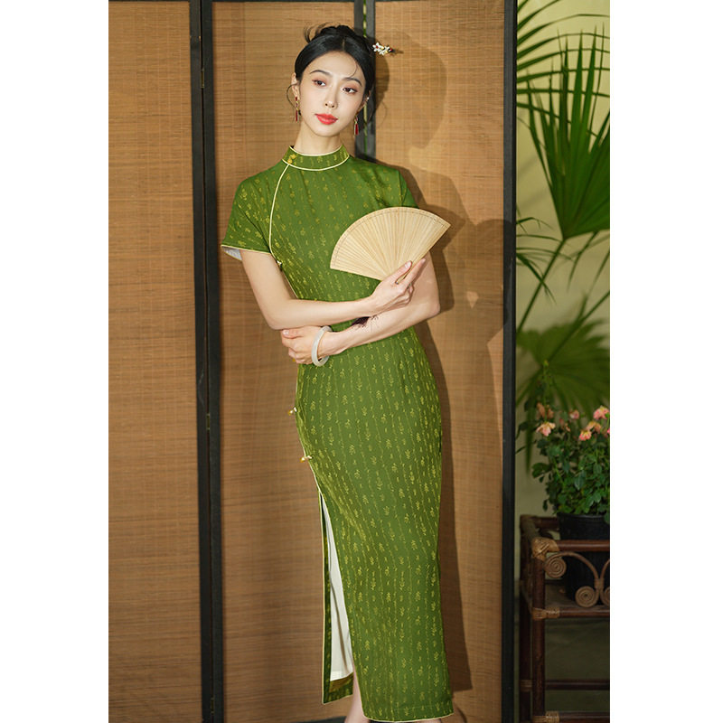 唐之恋2024新款绿色连衣裙旗袍显瘦长款夏女新中式改良旗袍连肩袖