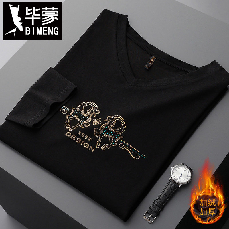 毕蒙2021秋季新款胖子宽松长袖t恤大码男士加绒加厚v领上衣肥佬潮