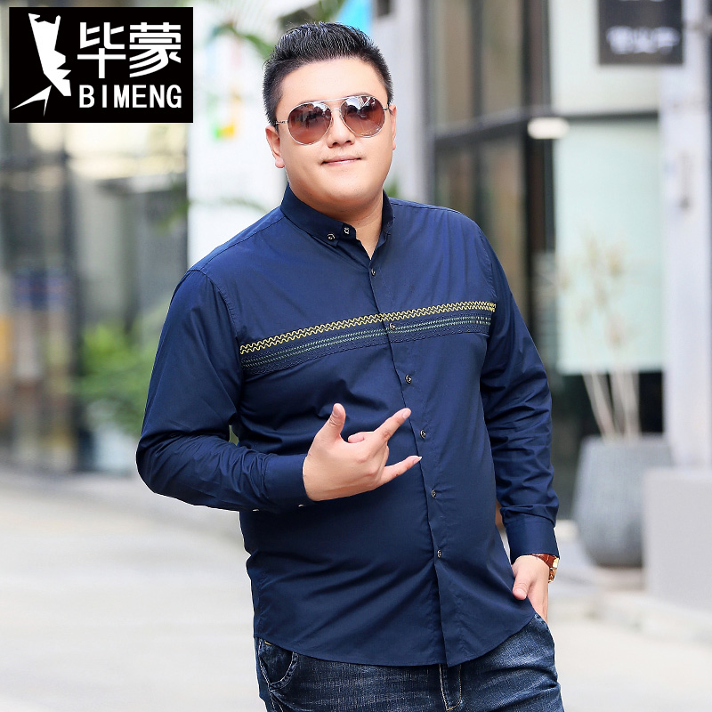 毕蒙秋季大号男士长袖衬衫肥佬纯棉休闲胖子加肥加大码胖人上衣潮
