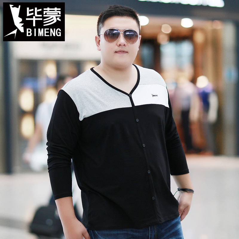 毕蒙秋装加肥加大v领拼色t恤衫