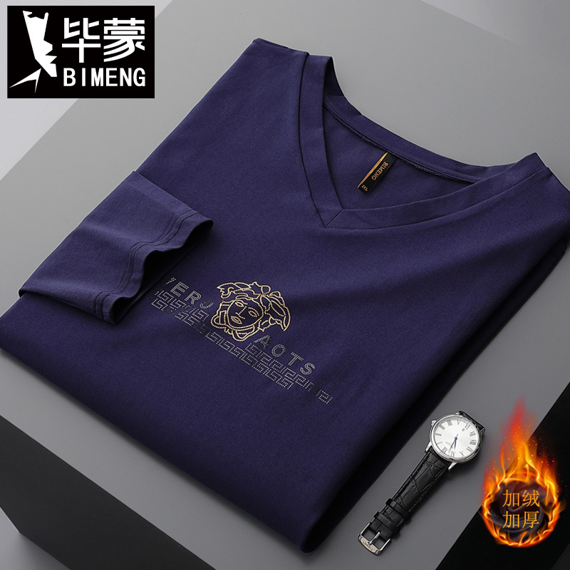 毕蒙秋款胖子加肥加大v领长袖t恤