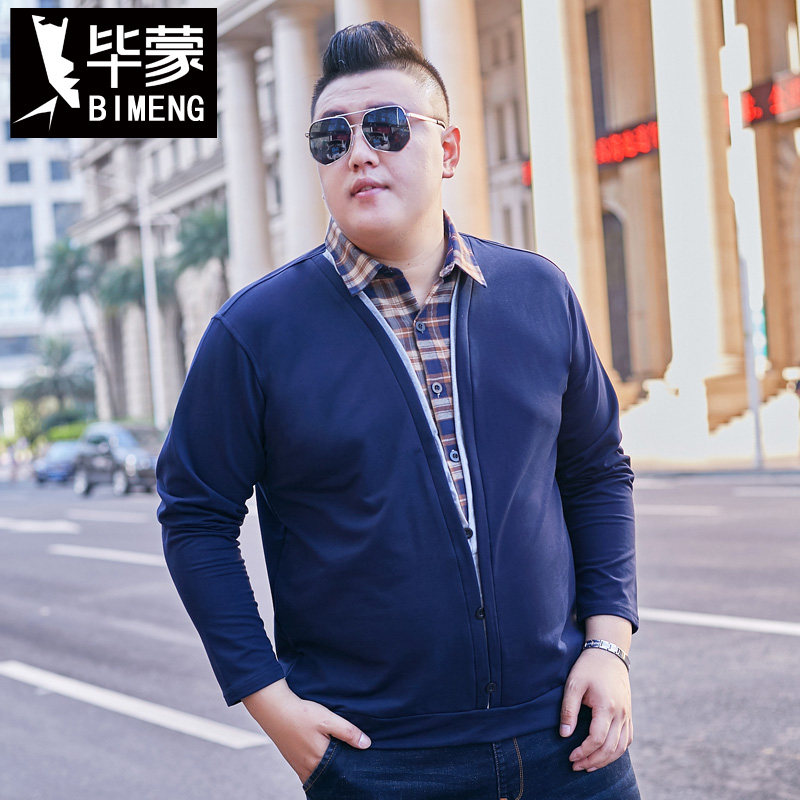 毕蒙秋季新款加肥加大码男士假两件胖子长袖t恤衬衫领肥胖上衣潮