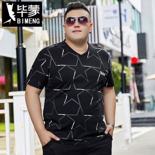 毕蒙胖子加肥加大码宽松休闲短袖t恤夏季肥佬纯棉v领半袖体恤男装