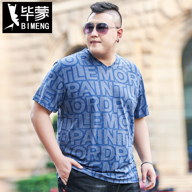 毕蒙加肥加大宽松短袖t恤夏季潮款大码男士冰丝v领体恤肥佬运动衫
