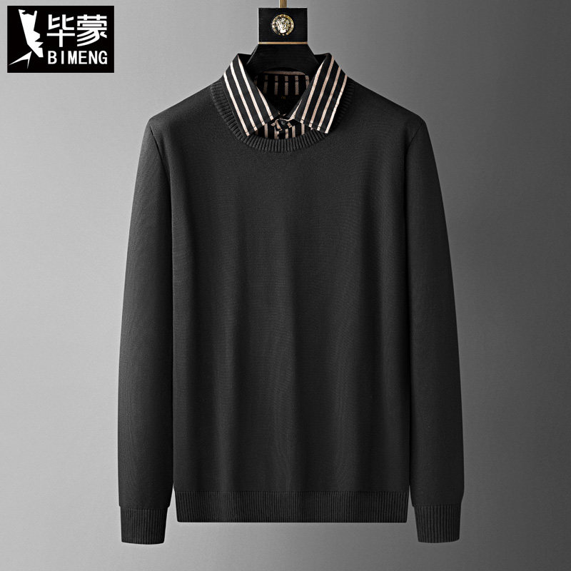 毕蒙肥佬冬季商务休闲拼接假两件毛衣特大码男士纯棉翻领针织衫胖