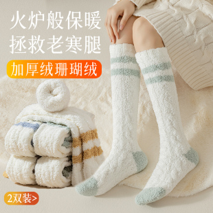 珊瑚绒袜子女冬季 小腿月子袜加绒加厚地板袜秋冬保暖睡眠家居长袜