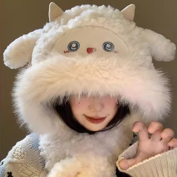 可爱的小绵羊羊毛女帽冬季新款防寒保暖帽围巾全合一加厚护耳雷锋