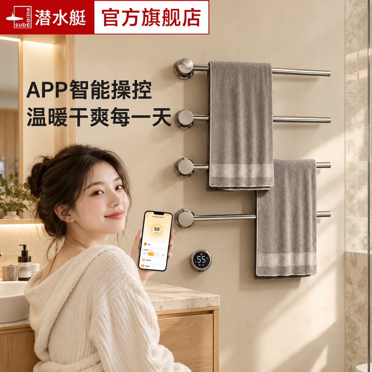 潜水艇暗装电热镀铬银毛巾架智能加热家用烘干架预埋全铜卫生间