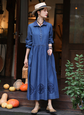 2025秋季新款气质POLO领连衣裙复古民族风重工刺绣牛仔长裙A82712