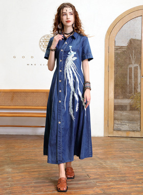 品牌女装夏季新款气质牛仔长裙复古改良翻领刺绣连衣裙82509