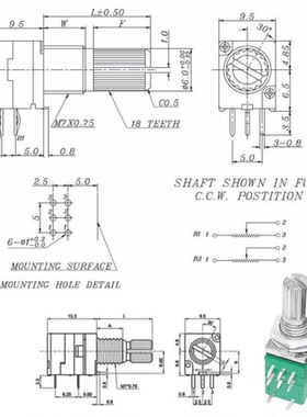 RV097NS双联电位器 B1K B10K B50K 8脚带开关 音响功放密封电位器