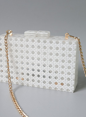 女士欧美宴会亚克力白色藤编晚宴包 百搭拼接单肩斜挎婚礼手拿包